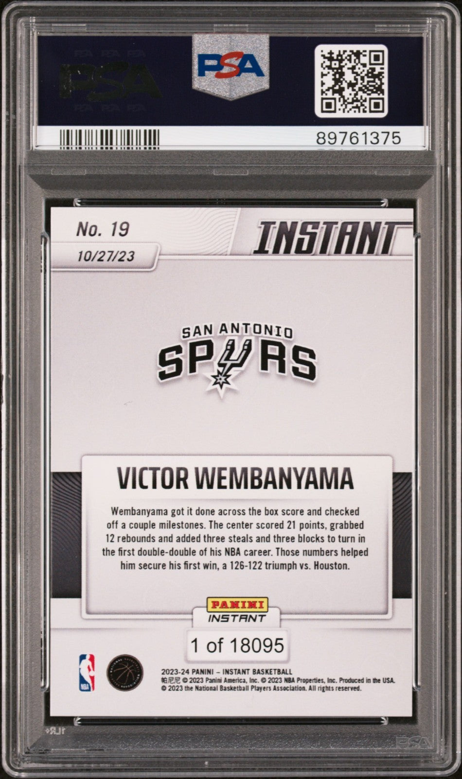 Victor Wembanyama 2023-24 Panini #19 NBA Rookie Card Spurs 1 of 18095 PSA 10 GEM