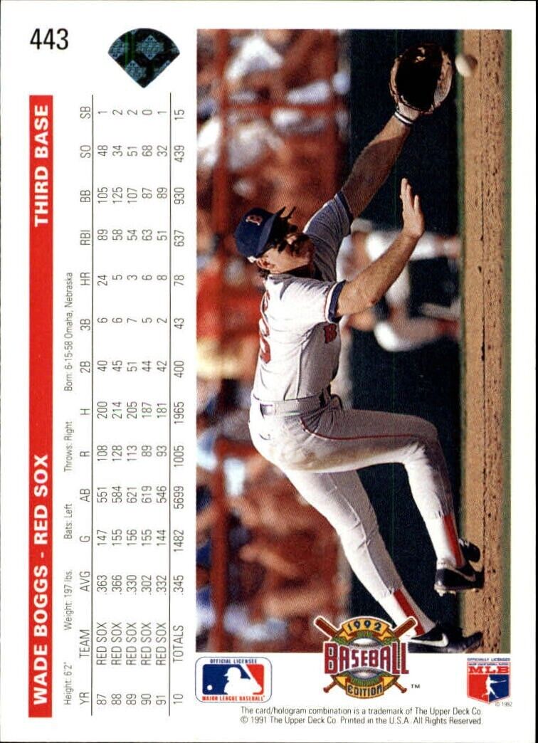 Wade Boggs 1992 Upper Deck MLB #443 Baseball Card Boston Red Sox