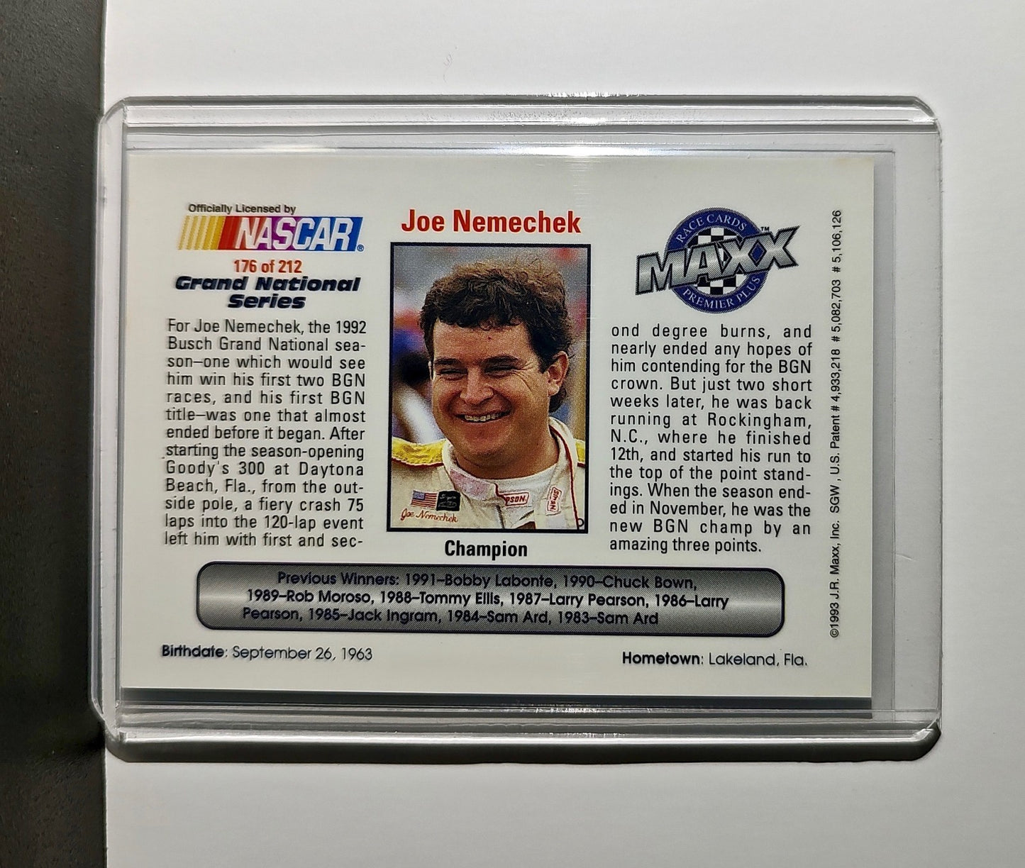 Grand National Champion 1993 Maxx Premier Plus Racing #176 NASCAR Card