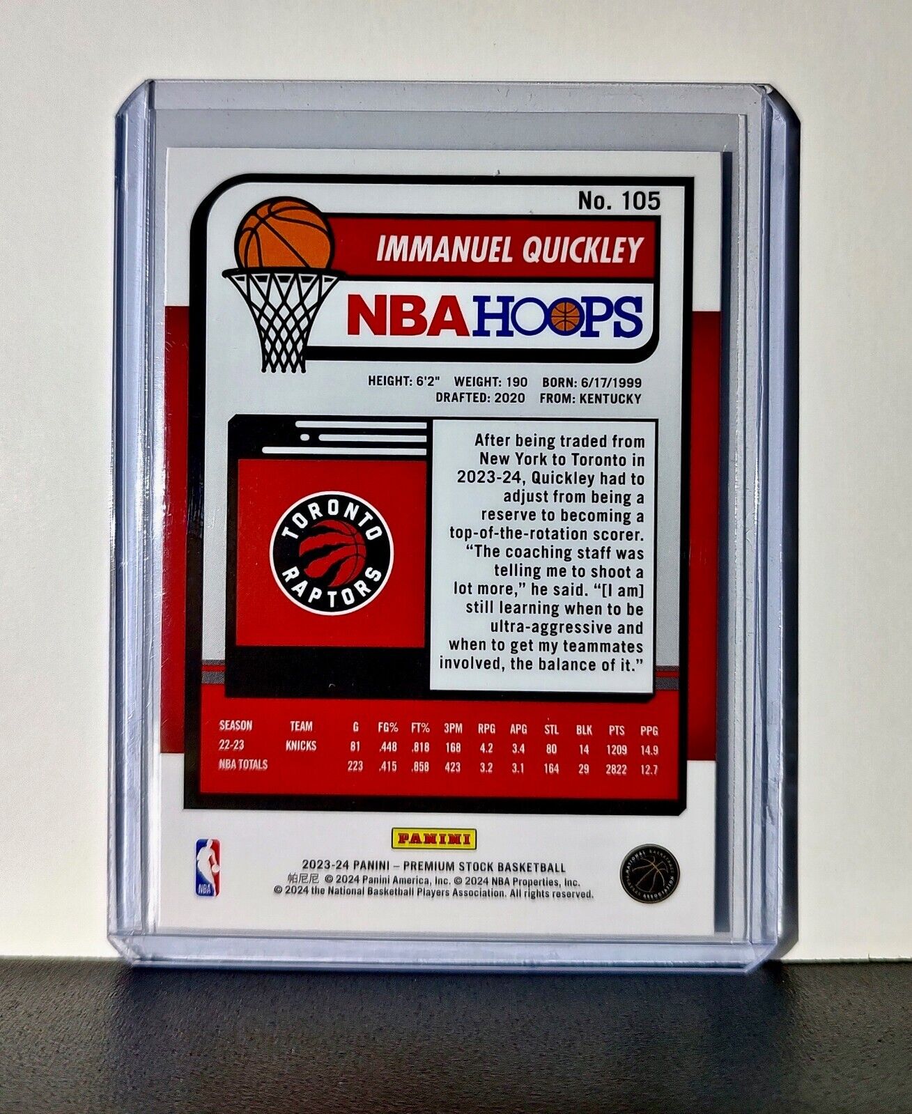 Immanuel Quickley 2023-24 Panini Premium Stock NBA Hoops #105 Card Raptors