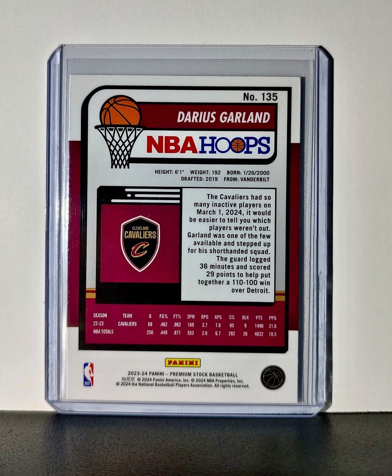 Darius Garland 2023-24 Panini Premium Stock NBA Hoops #135 Card Cavaliers