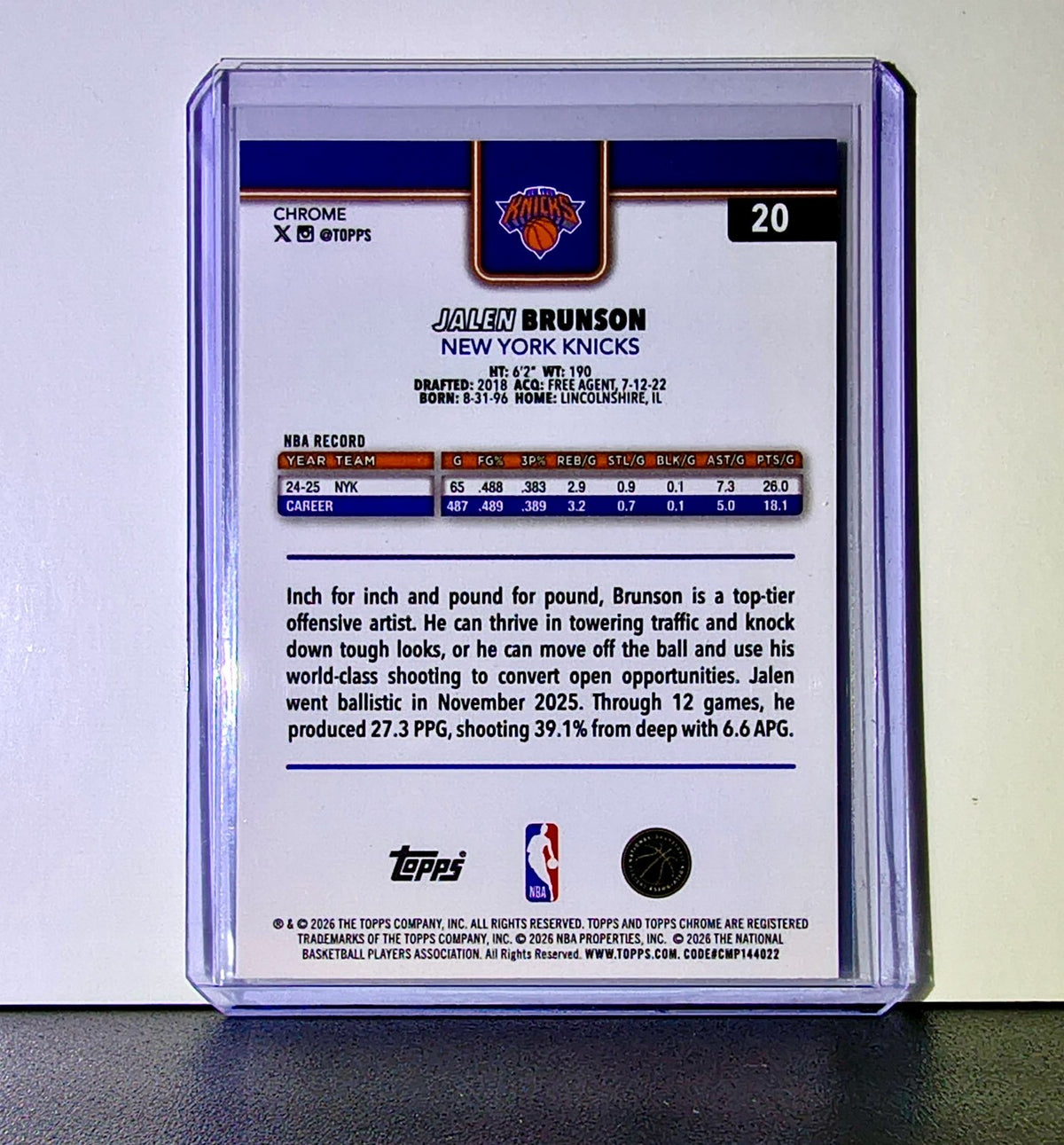 Jalen Brunson 2025-26 NBA Topps Chrome Update #20 Basketball Card NY Knicks
