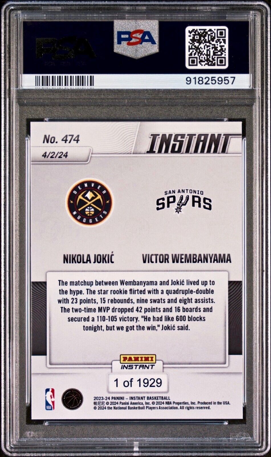 Nikola Jokic / Victor Wembanyama 2023-24 Panini #474 NBA Card 1 of 1929 PSA 9