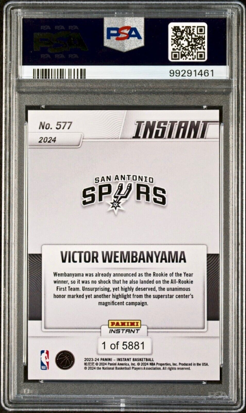 Victor Wembanyama 2023 Panini NBA All-Rookie 1st Team 577 Rookie Card PSA 9 Mint