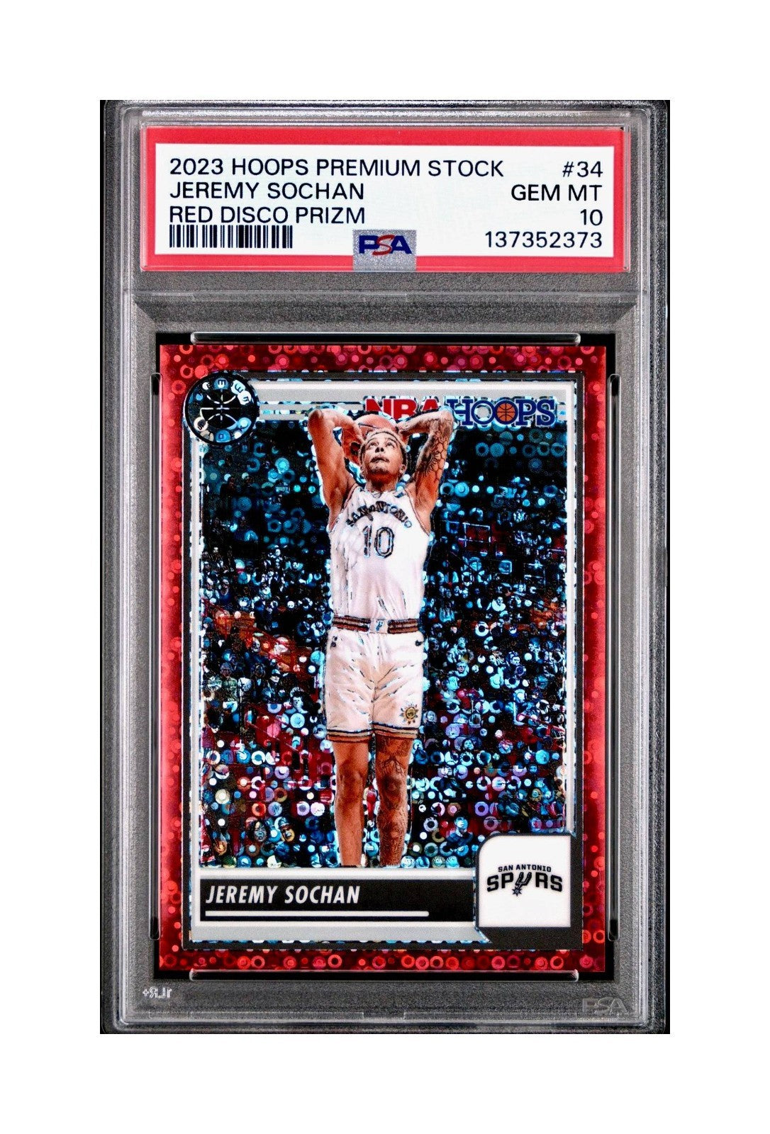 Jeremy Sochan 2023 Panini Hoops Premium #34 48/149 Red Disco Prizm PSA 10 Gem