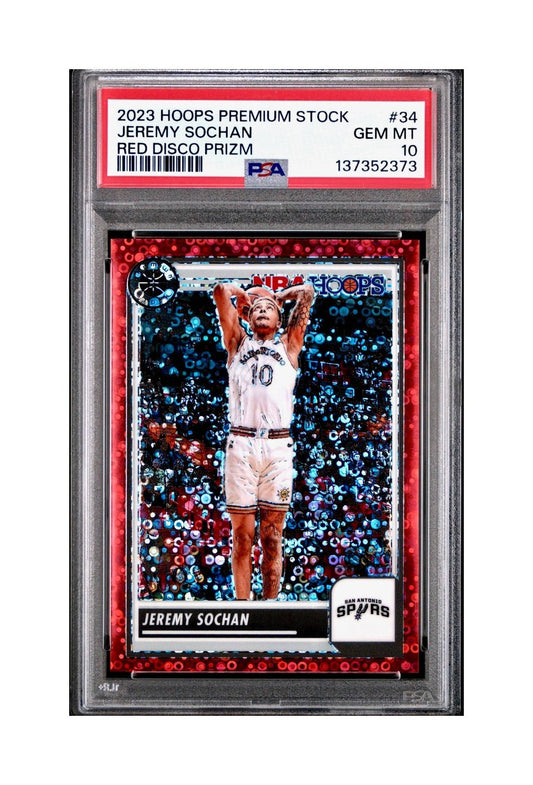 Jeremy Sochan 2023 Panini Hoops Premium #34 48/149 Red Disco Prizm PSA 10 Gem