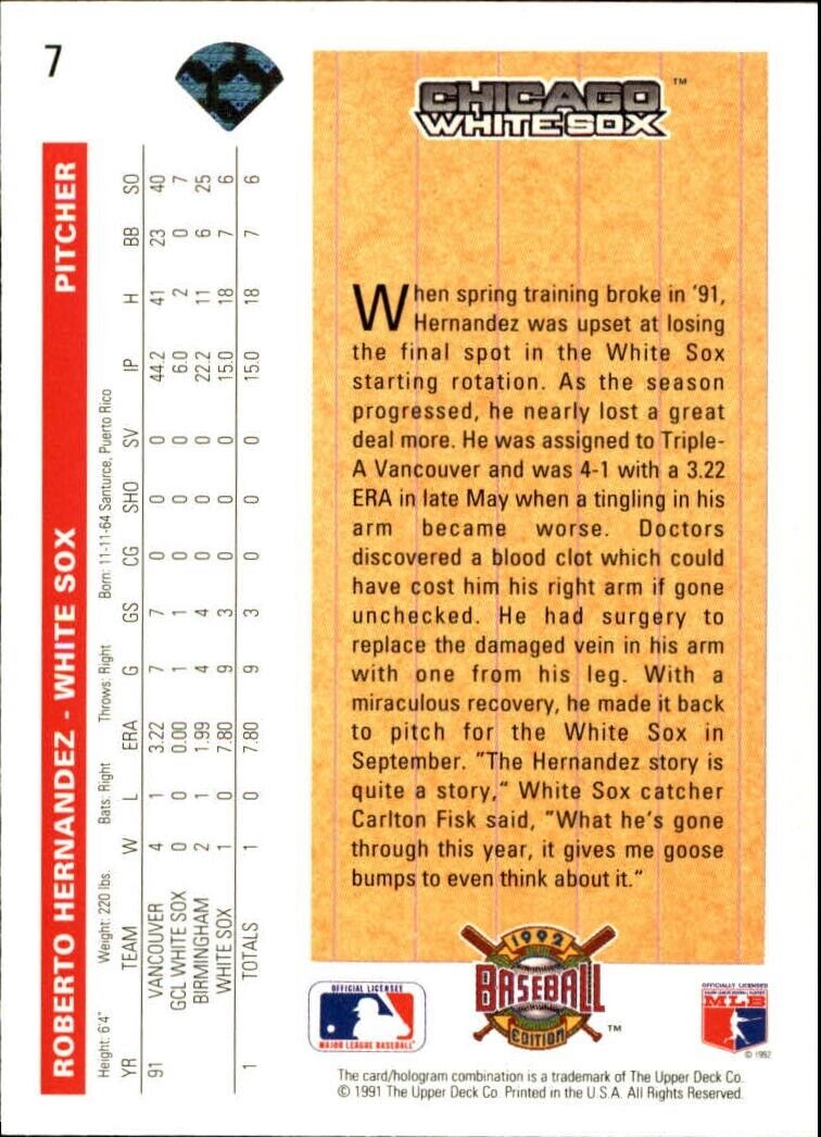 Roberto Hernandez 1992 Upper Deck MLB #7 Star Rookies Card Chicago White Sox