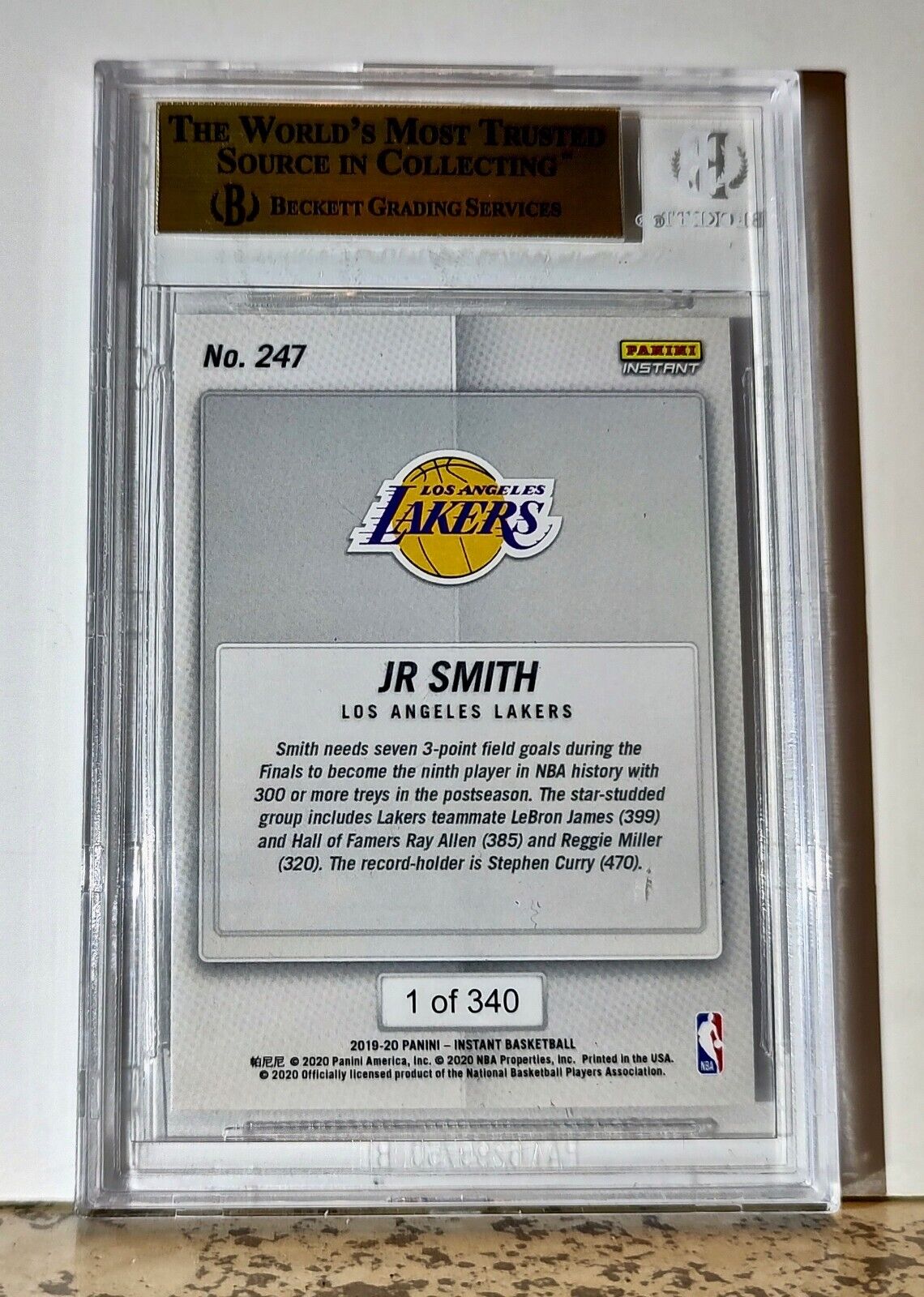 JR Smith 2019-20 Panini NBA #247 Card 1 of 340 BGS 9.5 Gem Mint LA Lakers