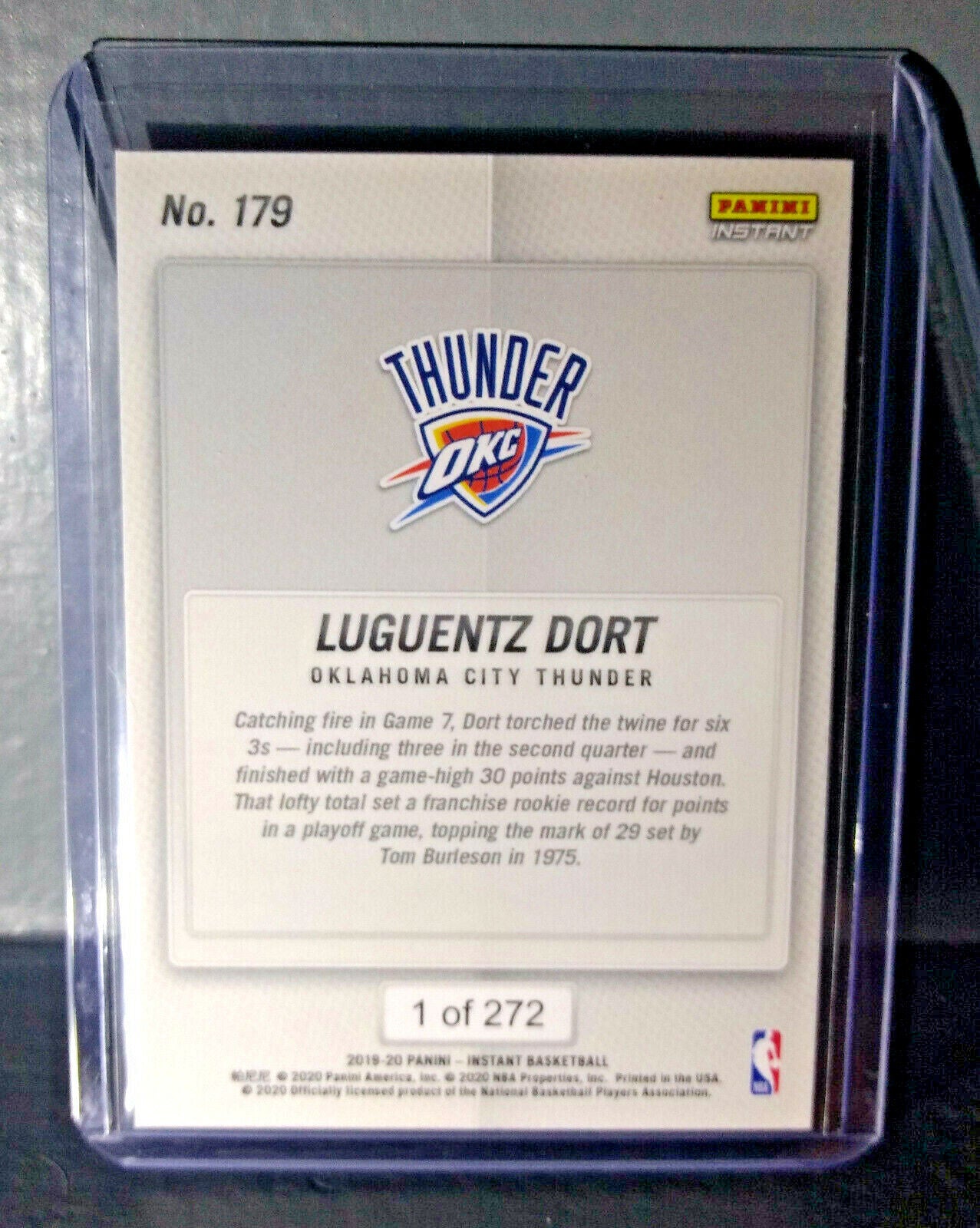 Luguentz Dortz 2019-2020 Panini NBA Instant Rookie #179 Playoffs Card 1/272