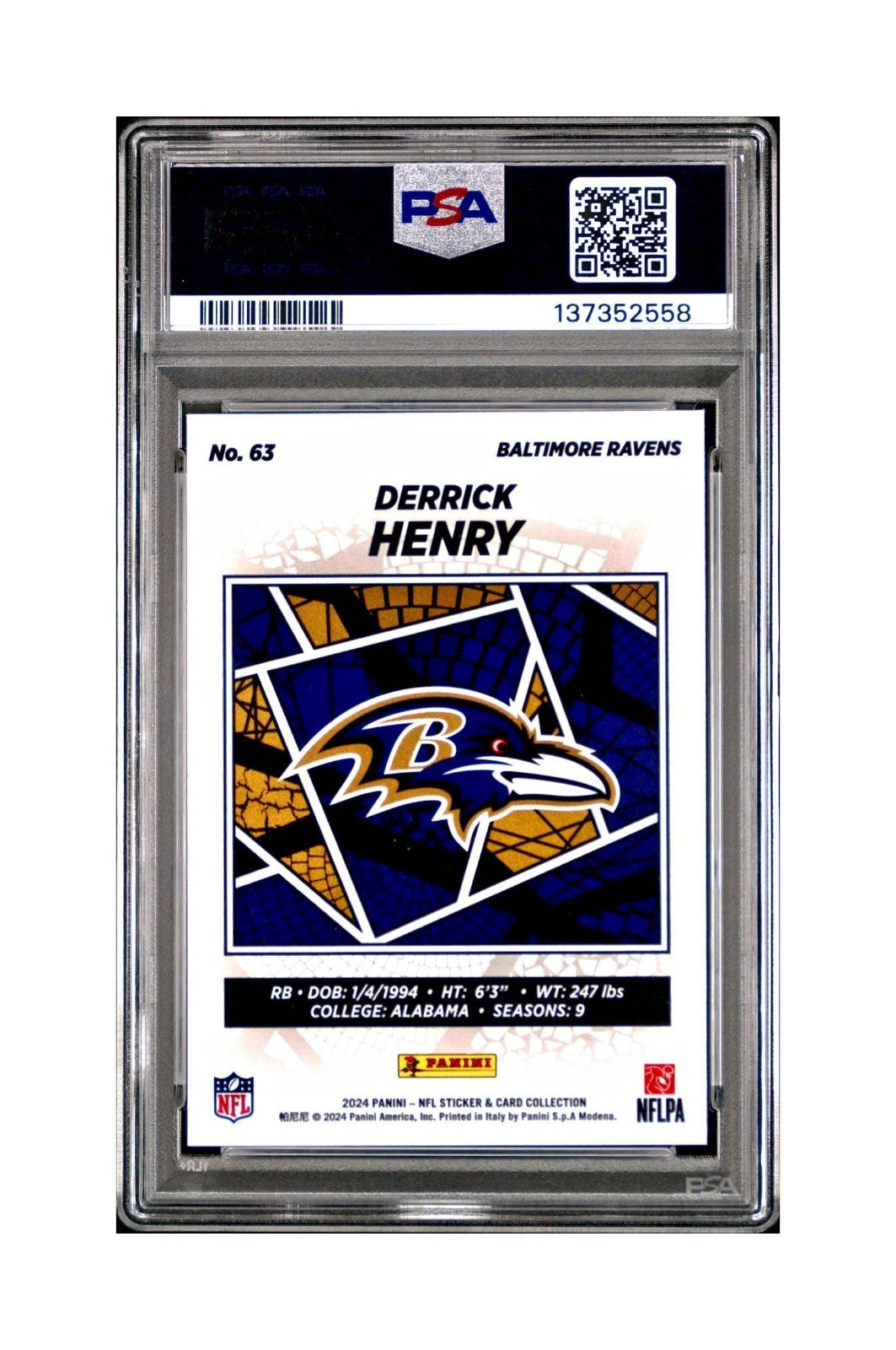 Derrick Henry 2024 Panini Sticker Collection 001/049 #63 Bronze Foil PSA 9 Mint