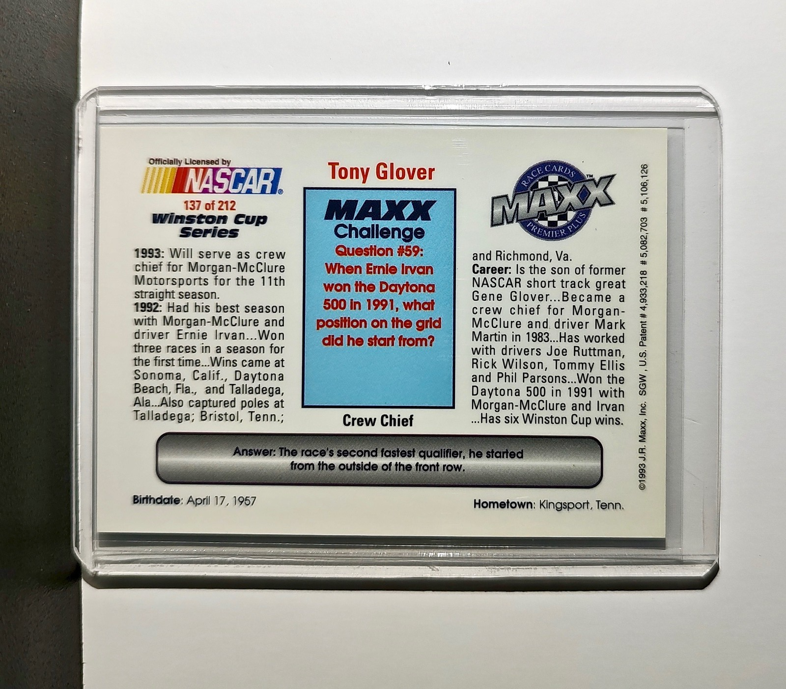 Tony Glover 1993 Maxx Premier Plus Racing #137 NASCAR Card Morgan-McClure