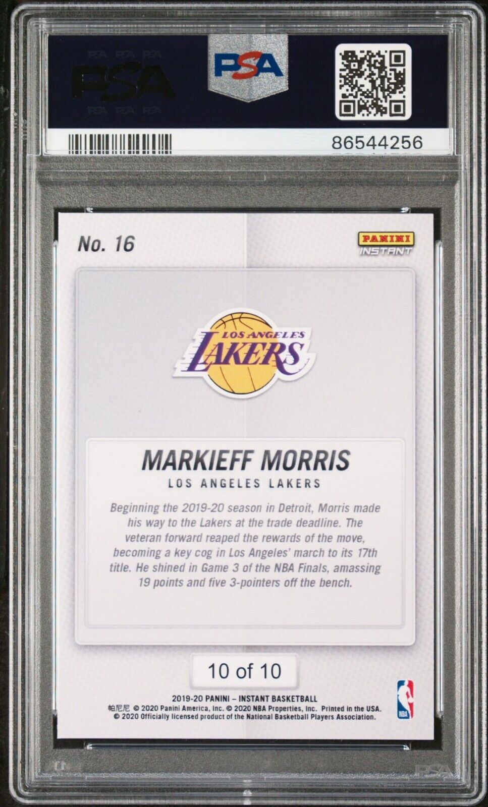 Markieff Morris 2020 Panini Lakers NBA Champions #16 Green Card 10/10 PSA 9 Mint