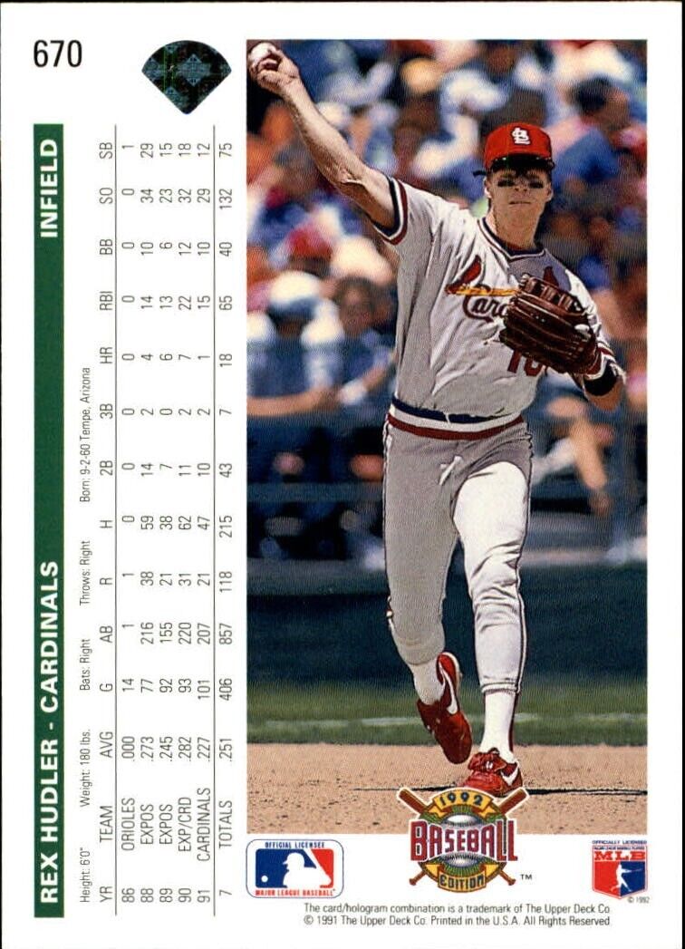 Rex Hudler 1992 Upper Deck MLB #670 Baseball Card St. Louis Cardinals