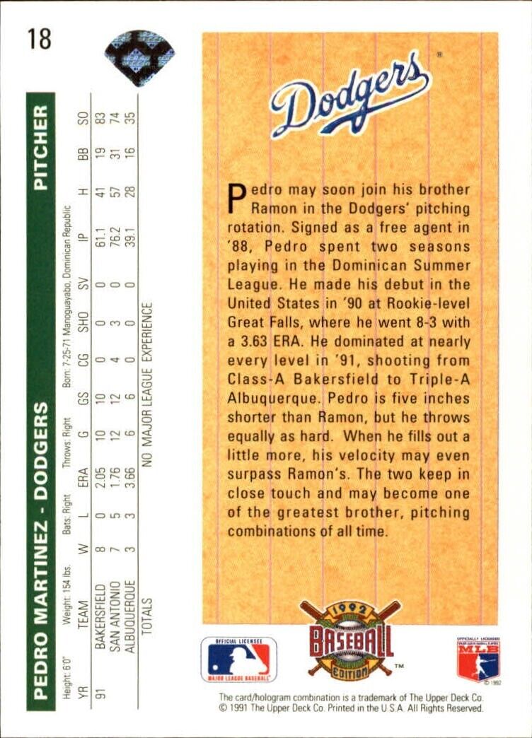 Pedro Martinez 1992 Upper Deck MLB #18 Baseball Card Los Angeles Dodgers