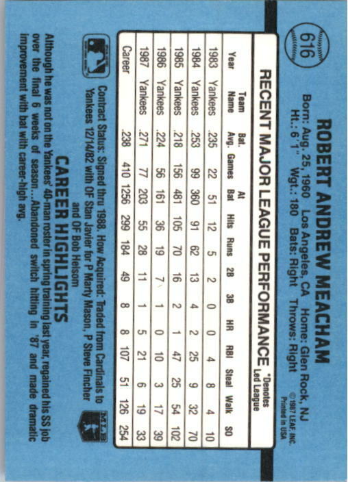1988 Bobby Meacham Donruss Baseball Card #616
