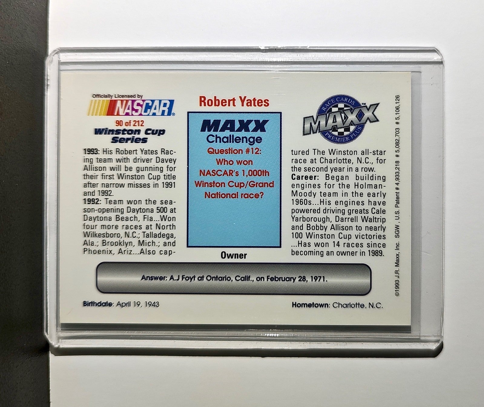 Robert Yates 1993 Maxx Premier Plus Racing #90 NASCAR Card Robert Yates Racing