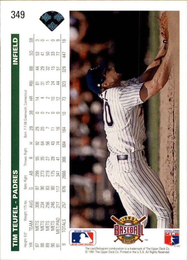 Tim Teufel 1992 Upper Deck MLB #349 Baseball Card San Diego Padres