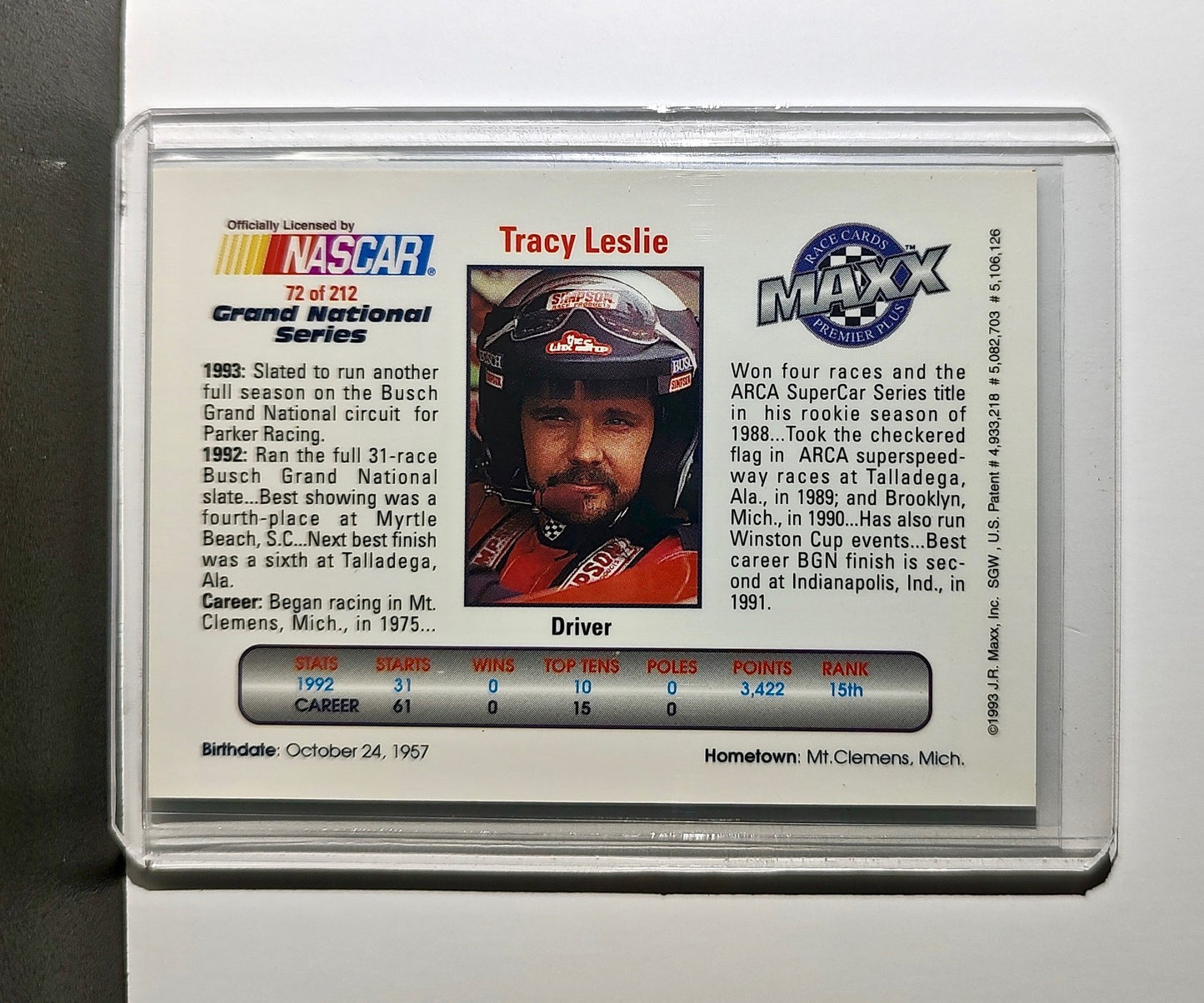 Tracy Leslie 1993 Maxx Premier Plus Racing #72 NASCAR Card Parker Racing