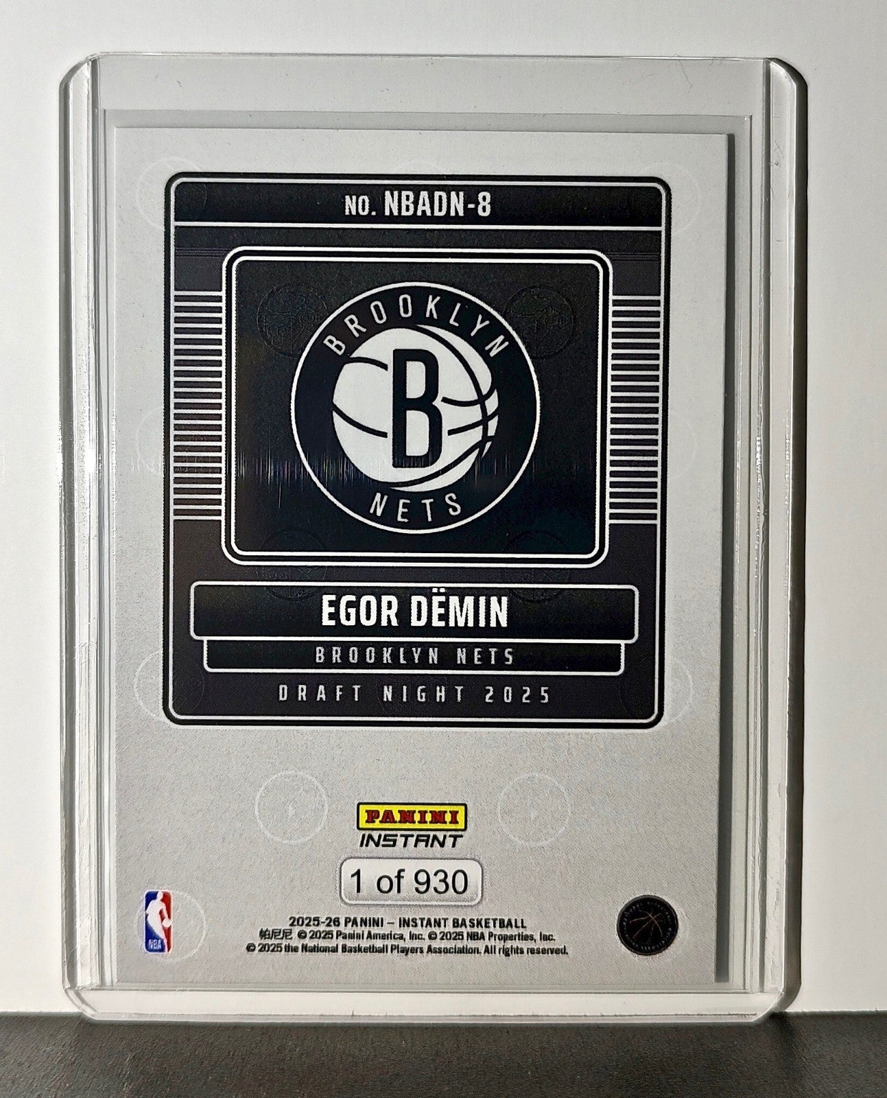 Egor Demin Rookie 2025-26 Panini NBA #8 Draft Night Card Brooklyn Nets