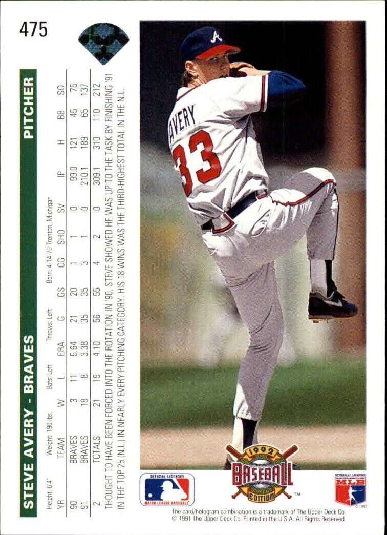 Steve Avery 1992 Upper Deck MLB #475 Baseball Card Atlanta Braves