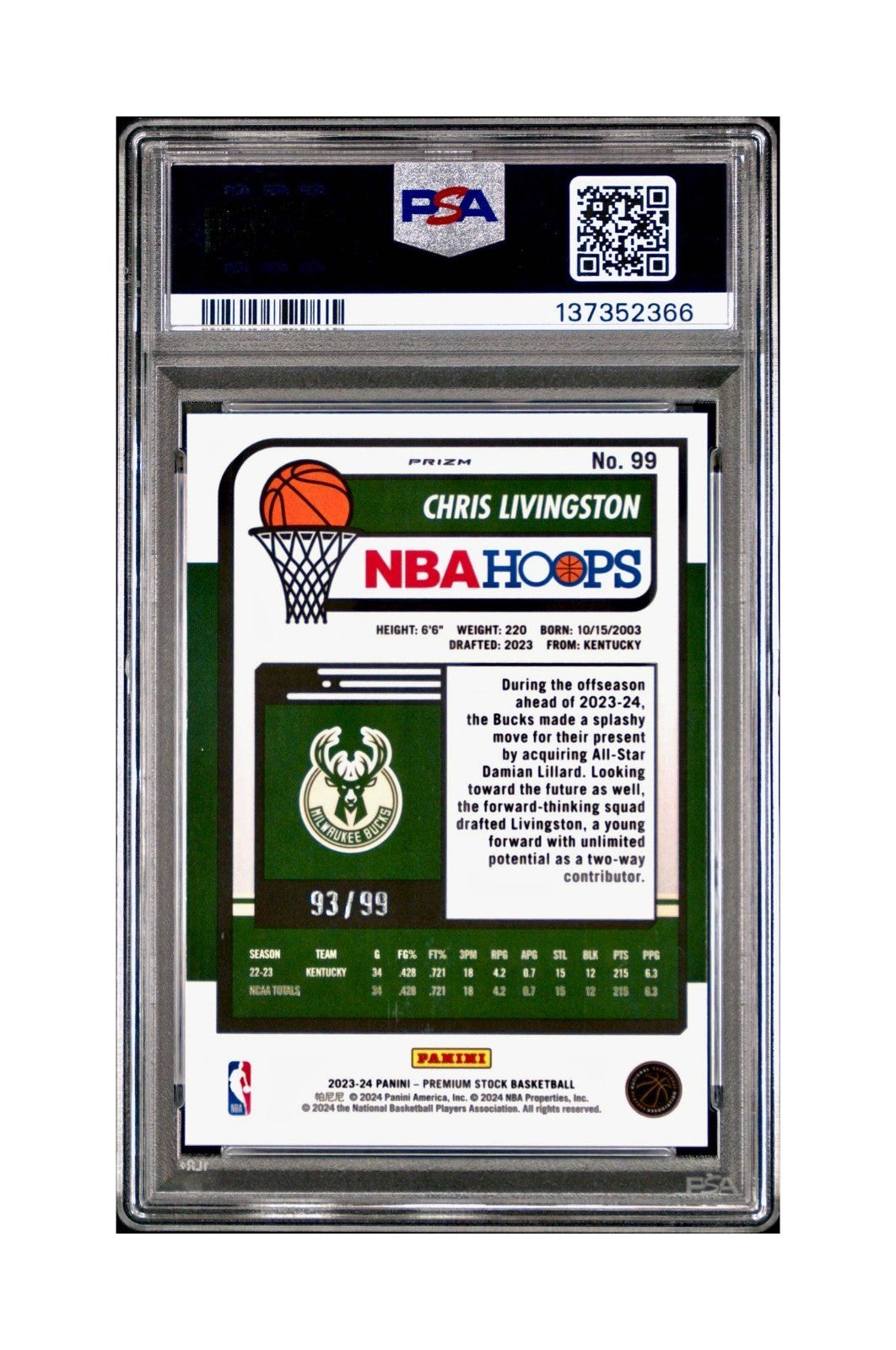 Chris Livingston 2023 Panini Hoops Premium #99 93/99 Blue Disco Prizm PSA 10 Gem