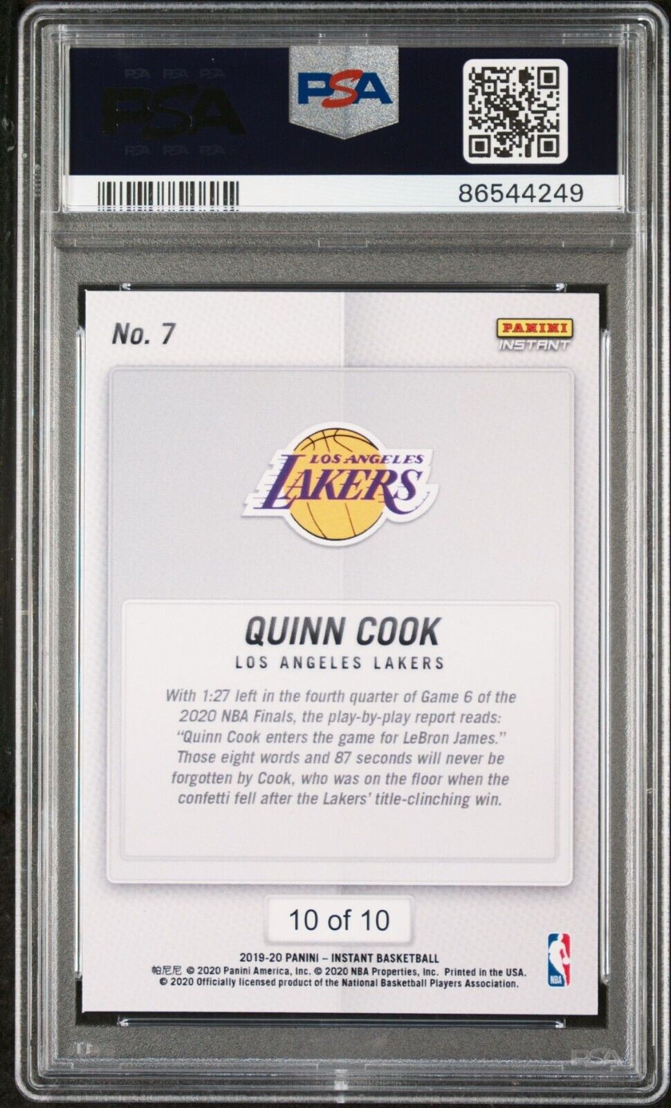 Quinn Cook 2020 Panini LA Lakers NBA Champions #7 Green Card 10/10 PSA 9 Mint