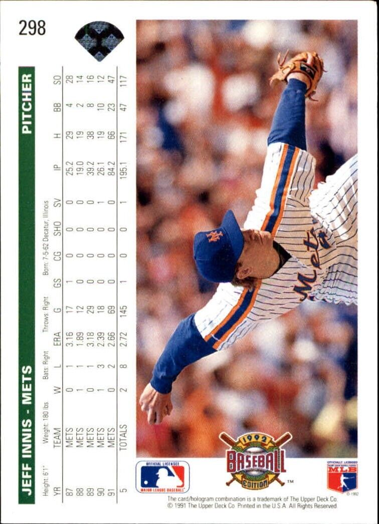 Jeff Innis 1992 Upper Deck MLB #298 Baseball Card New York Mets