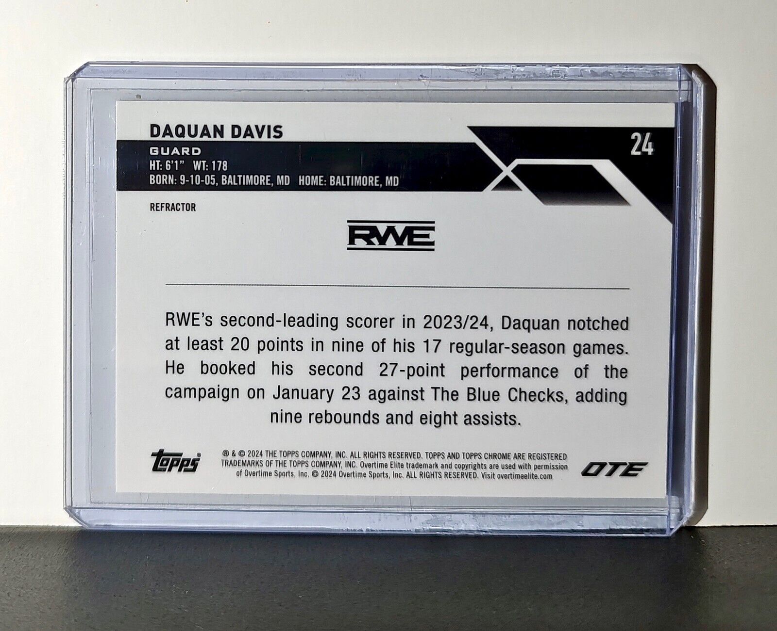 Daquan Davis Rookie Card Refractor 2023-24 Topps Chrome Overtime #24 RWE