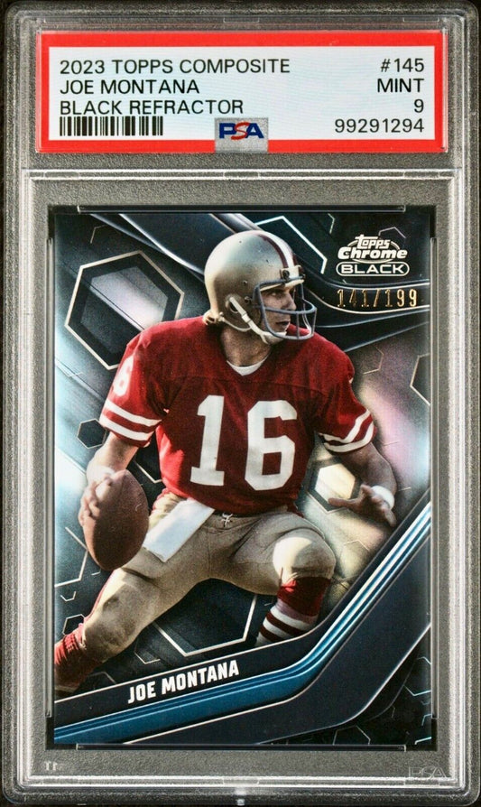 Joe Montana 2023 Topps Chrome Black NFL #145 Refractor 141/199 Card PSA 9 Mint