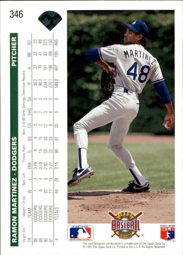 Ramon Martinez 1992 Upper Deck MLB #346 Baseball Card Los Angeles Dodgers