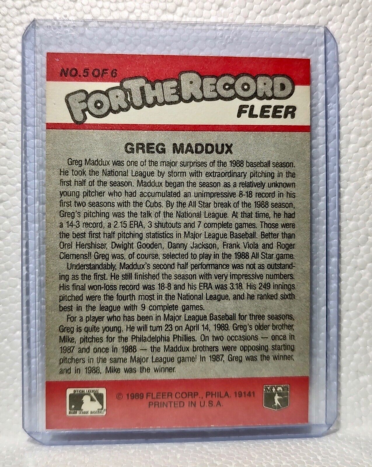 Greg Maddux 1989 Fleer MLB #5 For The Record Baseball Card Chicago Cubs