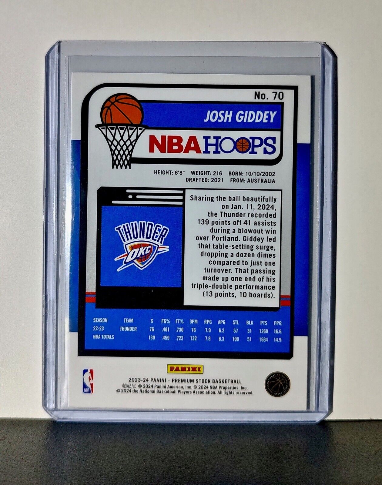 Josh Giddey 2023-24 Panini Premium Stock NBA Hoops #70 Card OC Thunder