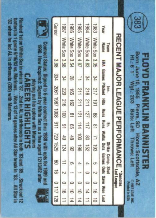 1988 Floyd Bannister Donruss Baseball Card #383