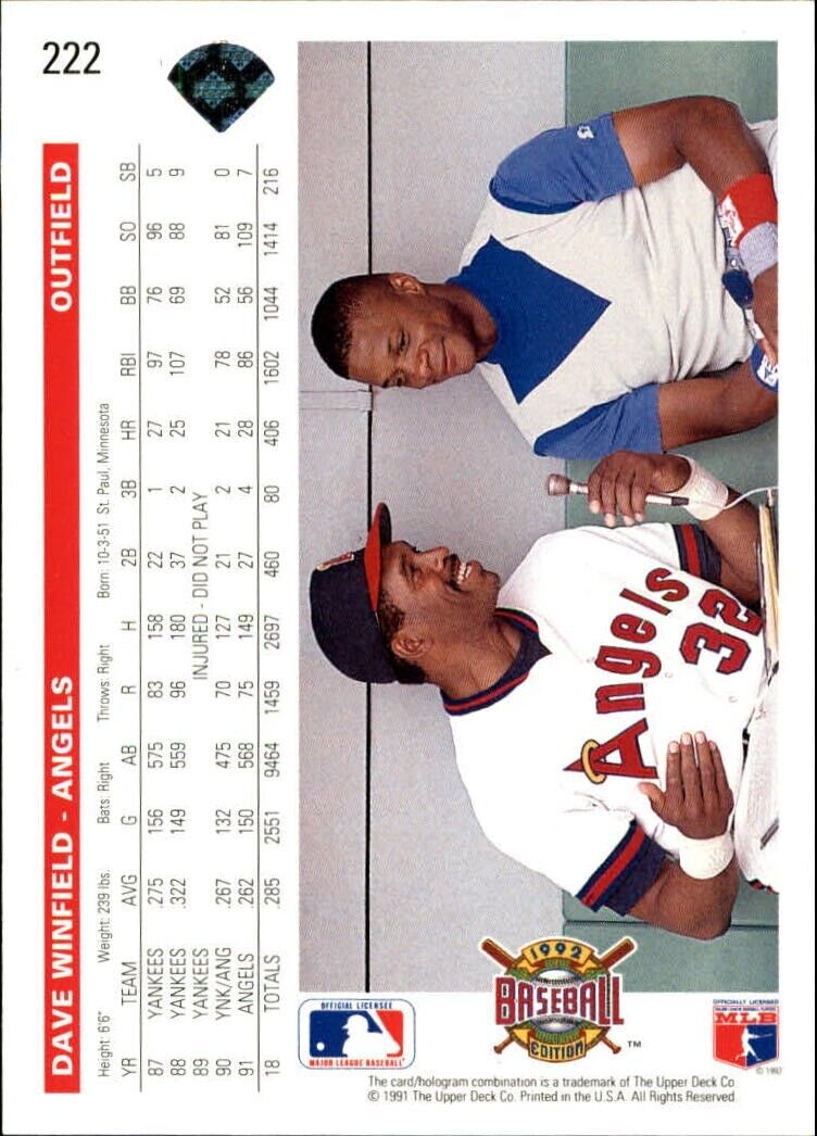 Dave Winfield 1992 Upper Deck MLB #222 Baseball Card California Angels