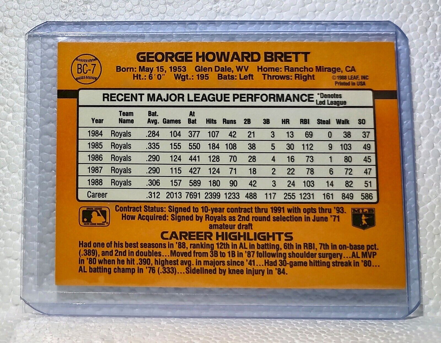 George Brett 1989 Donruss MLB #BC-7 MVP Baseball Card Kansas City Royals