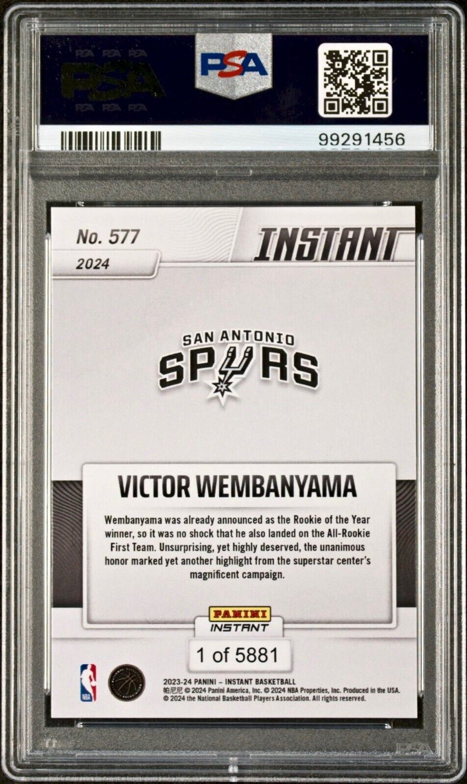 Victor Wembanyama 2023 Panini NBA All-Rookie 1st Team 577 Rookie Card PSA 9 Mint