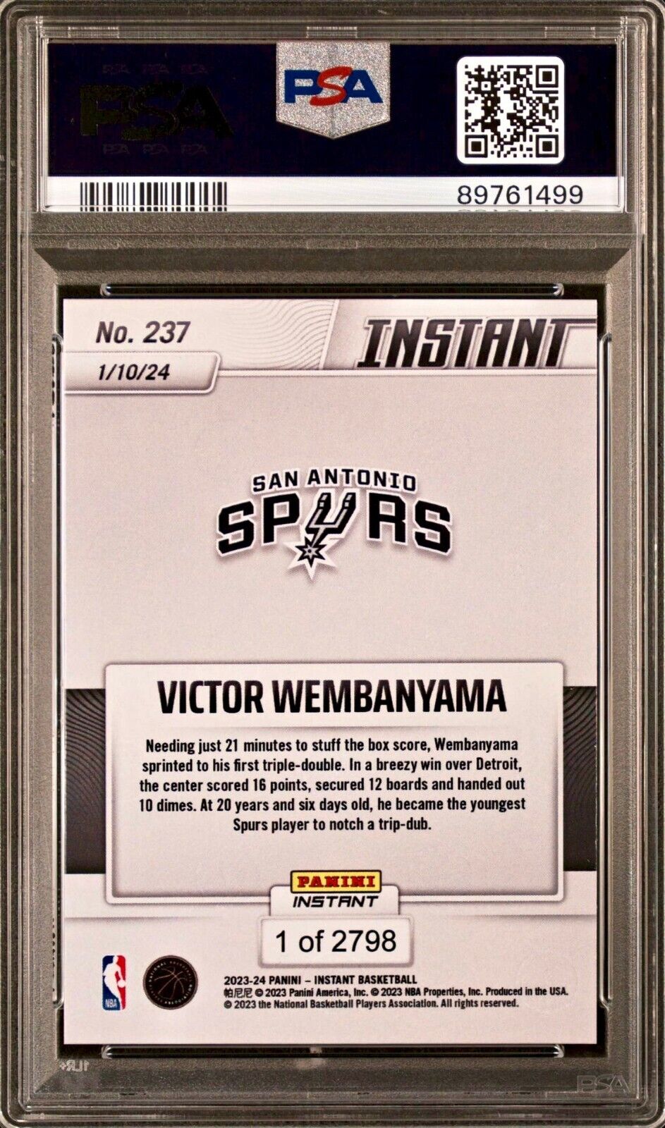 Victor Wembanyama 2023-24 Panini #237 NBA Milestone Rookie Card 1 of 2798 PSA 9