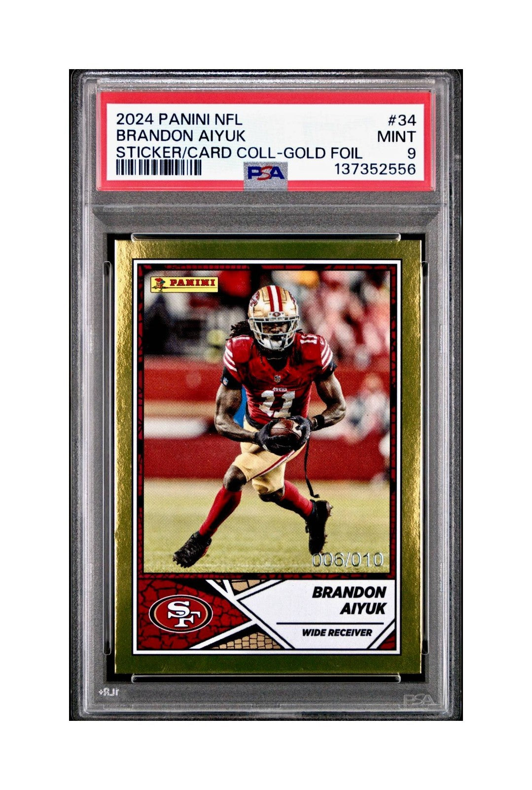 Brandon Aiyuk 2024 Panini Sticker Collection 006/010 #34 Gold Foil PSA 9 Mint