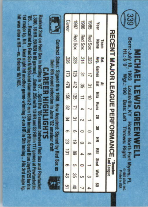 1988 Mike Greenwell Donruss Baseball Card #339