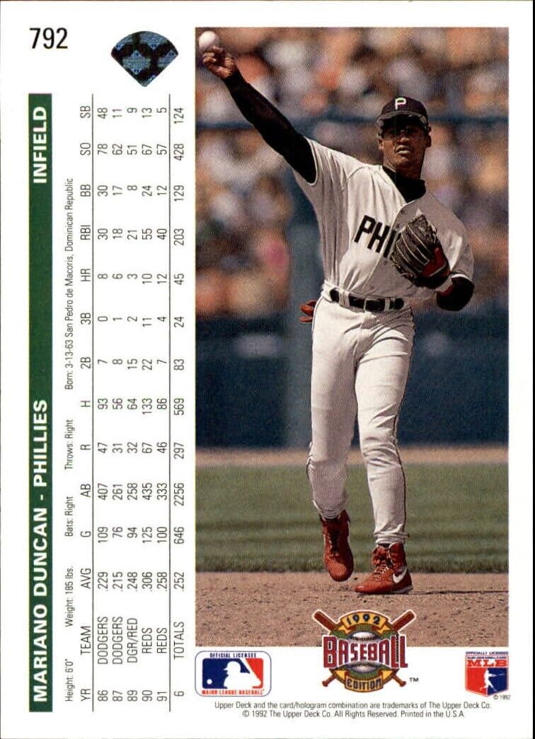 Mariano Duncan 1992 Upper Deck MLB #792 Baseball Card Philadelphia Phillies