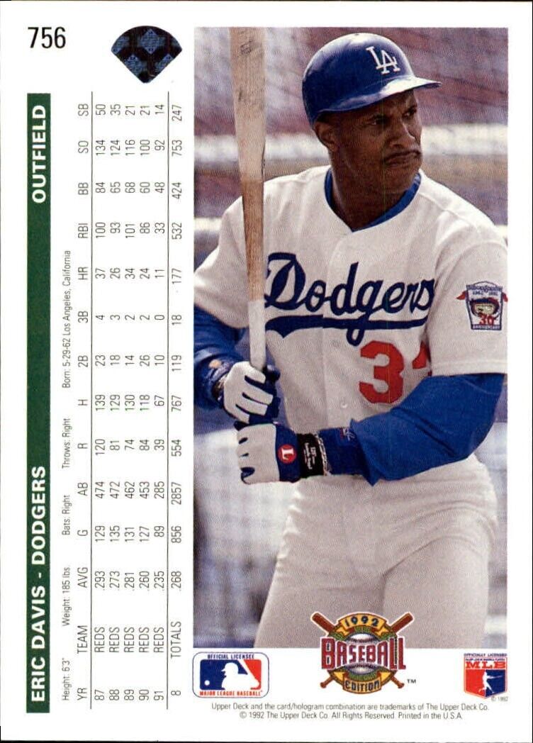 Eric Davis 1992 Upper Deck MLB #756 Baseball Card Los Angeles Dodgers