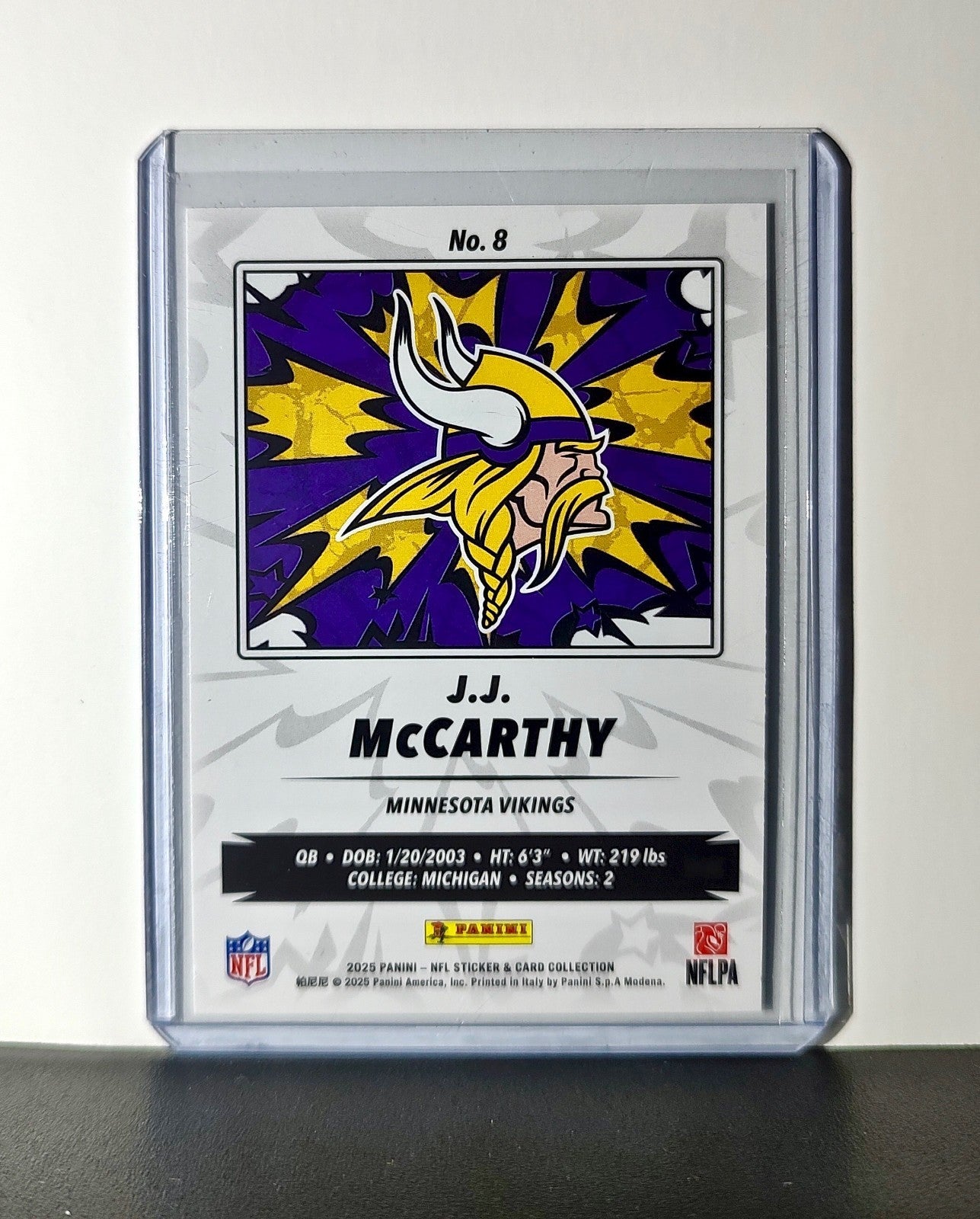 J.J. McCarthy 2025 Panini NFL #8 Sticker Card Minnesota Vikings