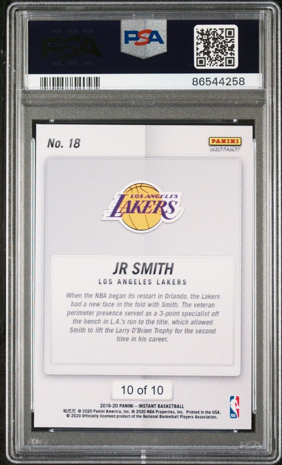 JR Smith 2020 Panini LA Lakers NBA Champions #18 Green Card 10/10 PSA 9 Mint