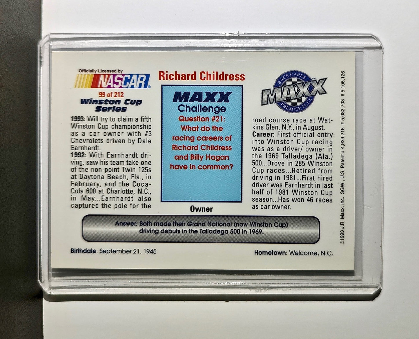 Richard Childress 1993 Maxx Premier Plus Racing #99 NASCAR Card