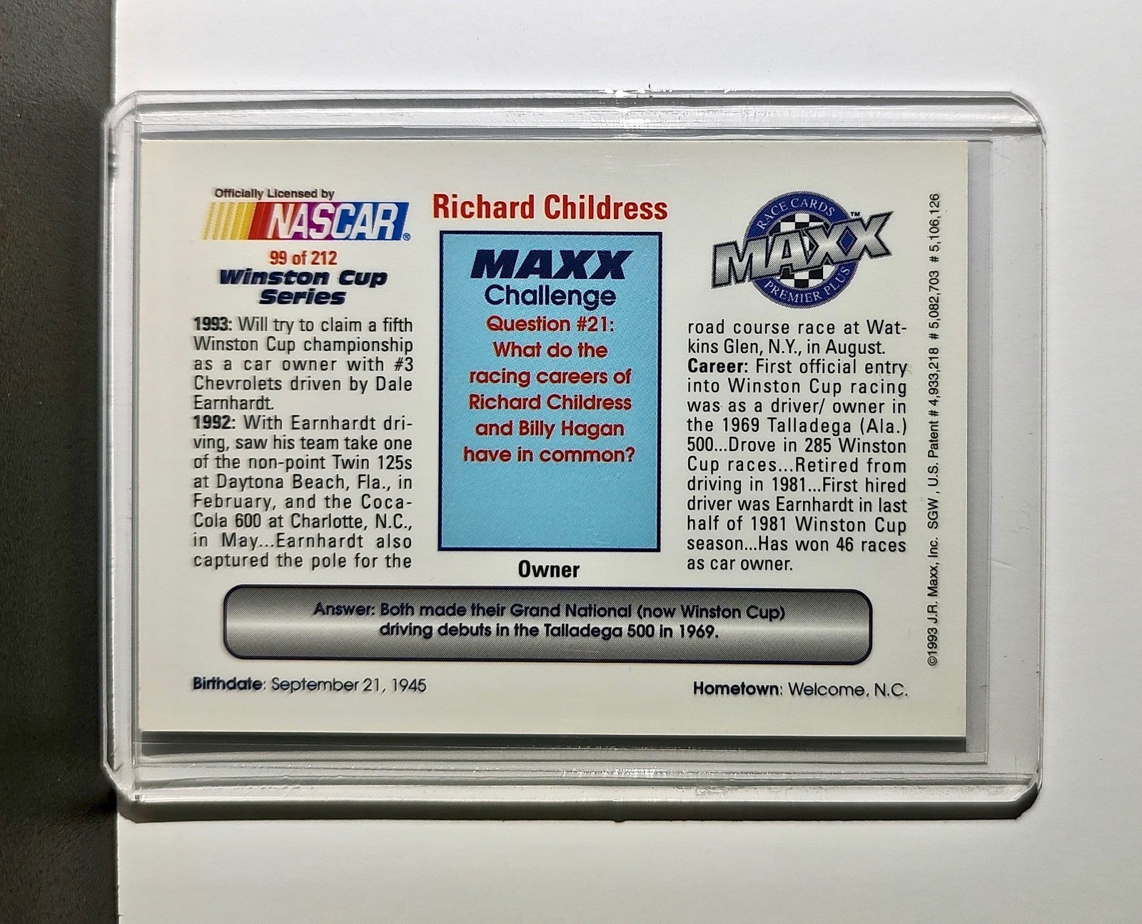 Richard Childress 1993 Maxx Premier Plus Racing #99 NASCAR Card
