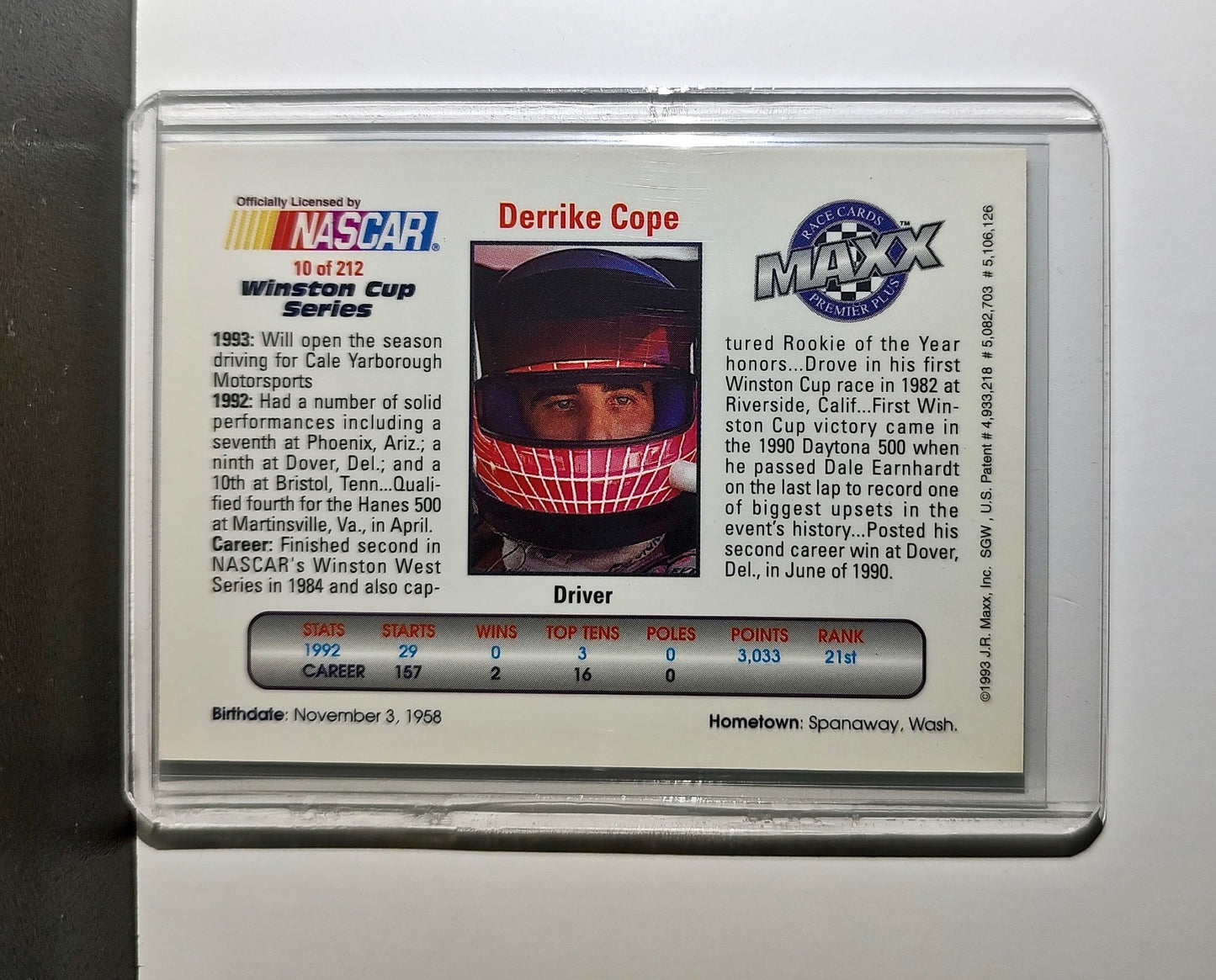 Derrike Cope 1993 Maxx Premier Plus Racing #10 NASCAR Card Whitcomb Racing