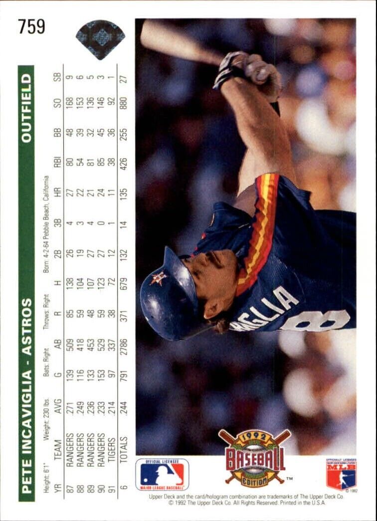 Pete Incaviglia 1992 Upper Deck MLB #759 Baseball Card Houston Astros