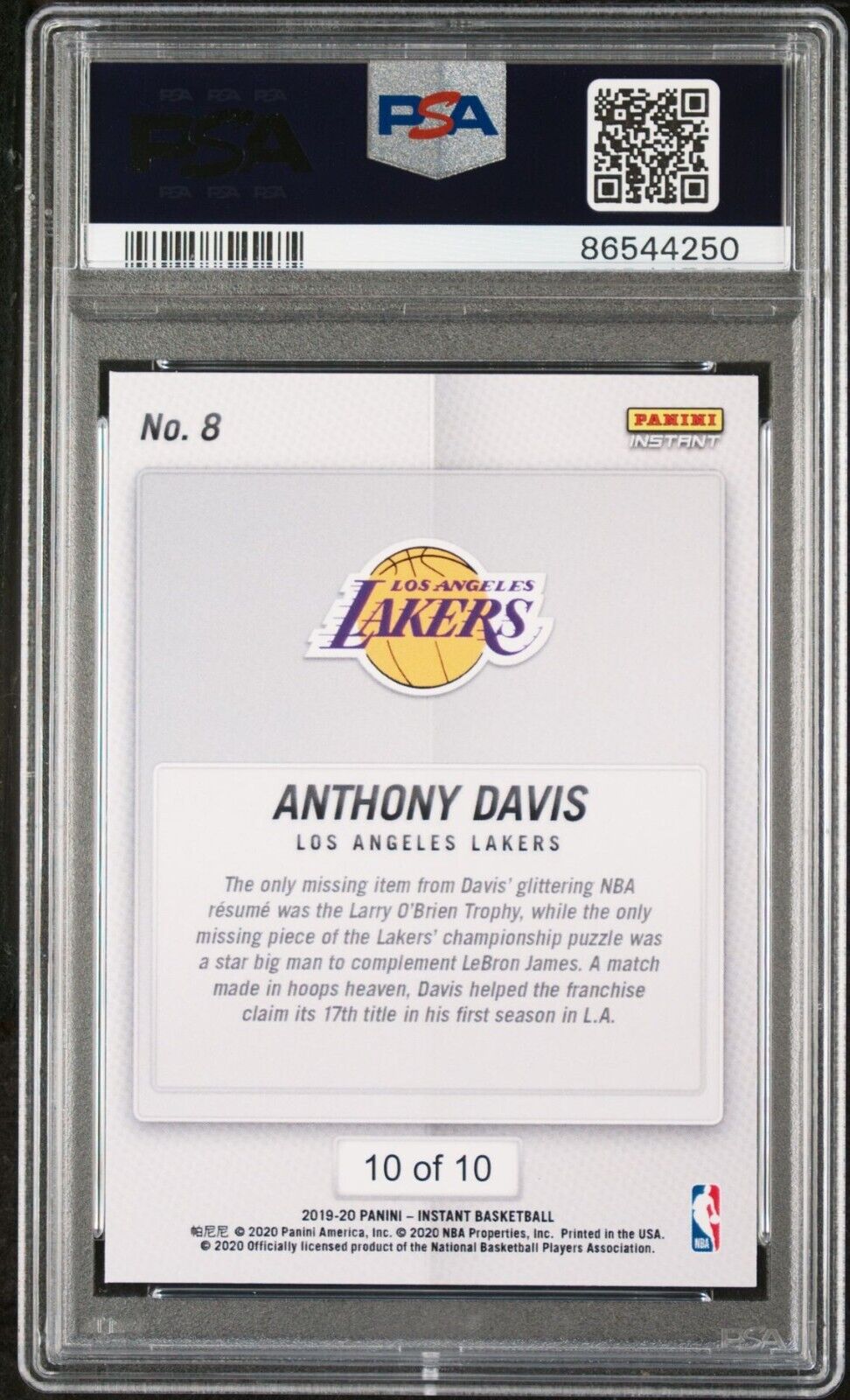 Anthony Davis 2020 Panini Lakers NBA Champions #8 Green Card 10/10 PSA 8 NM-Mint