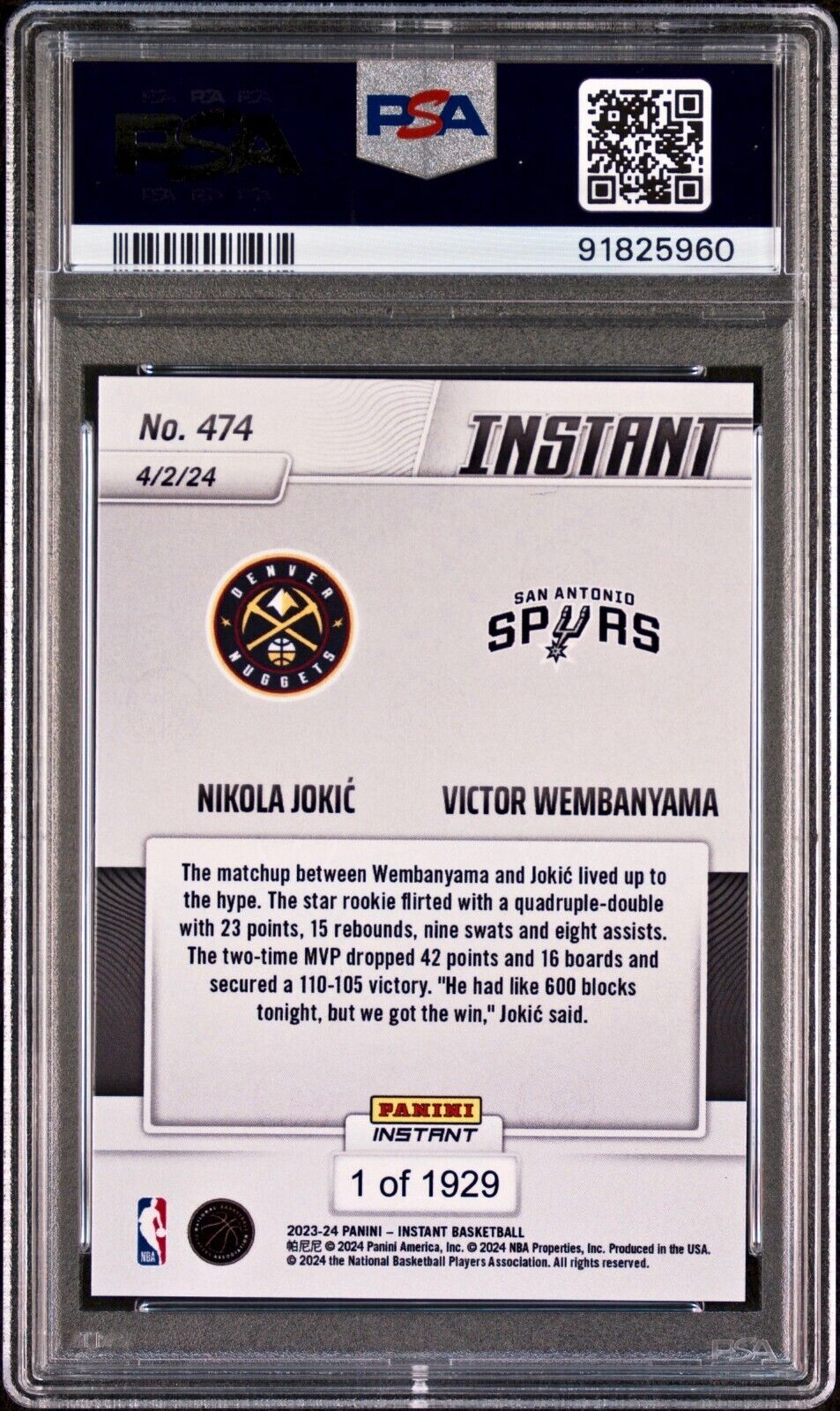 Nikola Jokic / Victor Wembanyama 2023-24 Panini #474 NBA Card 1 of 1929 PSA 9