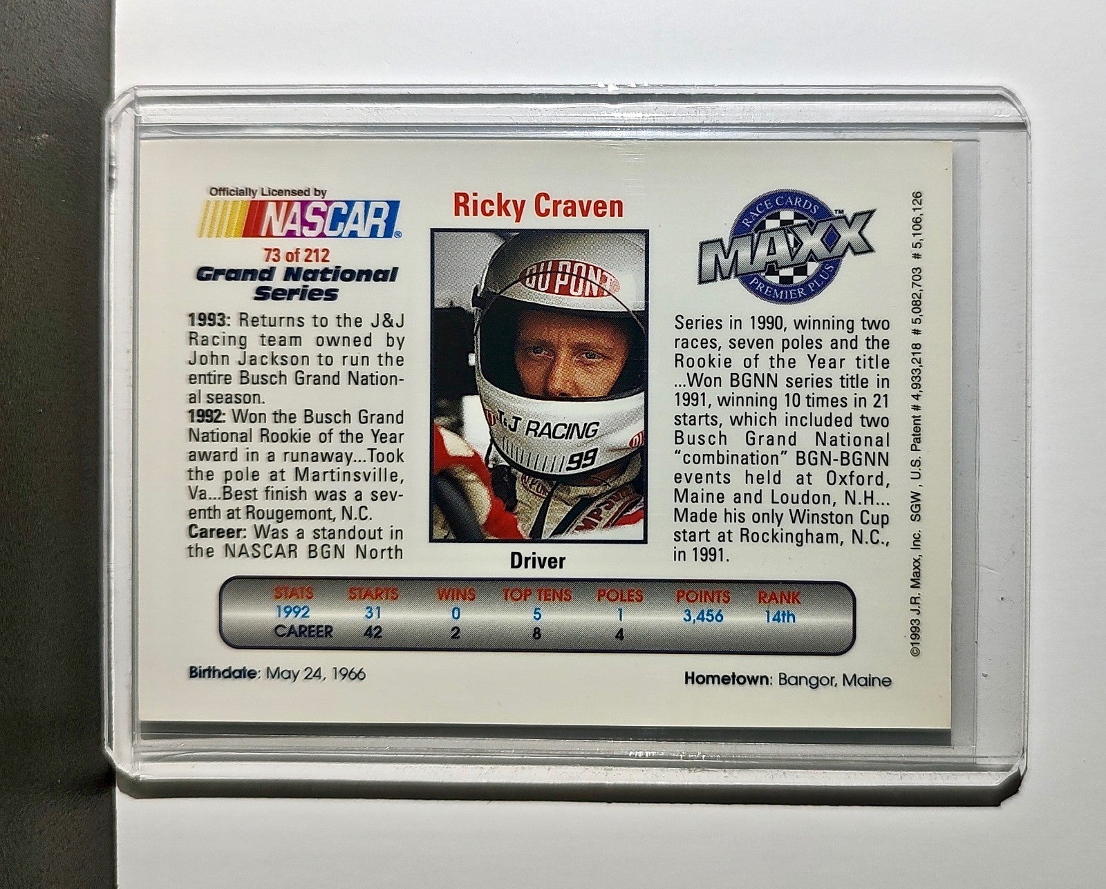 Ricky Craven 1993 Maxx Premier Plus Racing #73 NASCAR Card J&J Racing